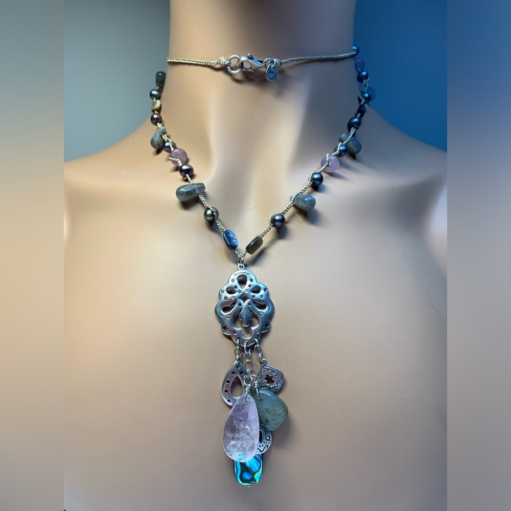 Silpada Sterling Frosted Amethyst, Feldspar, Pearl & Shell Necklace - Silk Cord